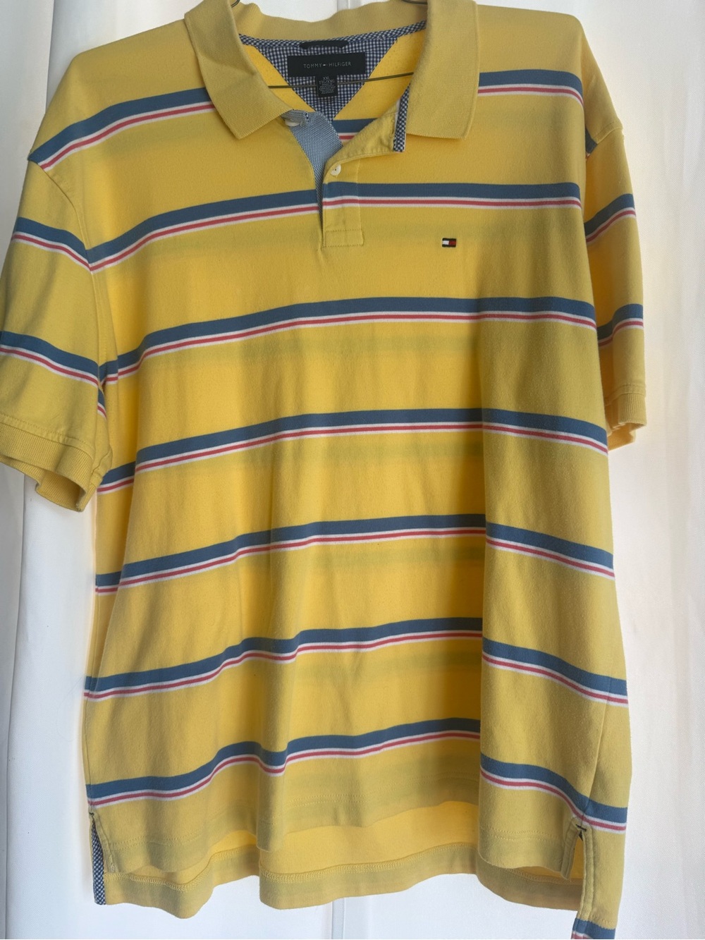 Tommy Hilfiger Yellow Polo with Blue, White, and Red Stripes